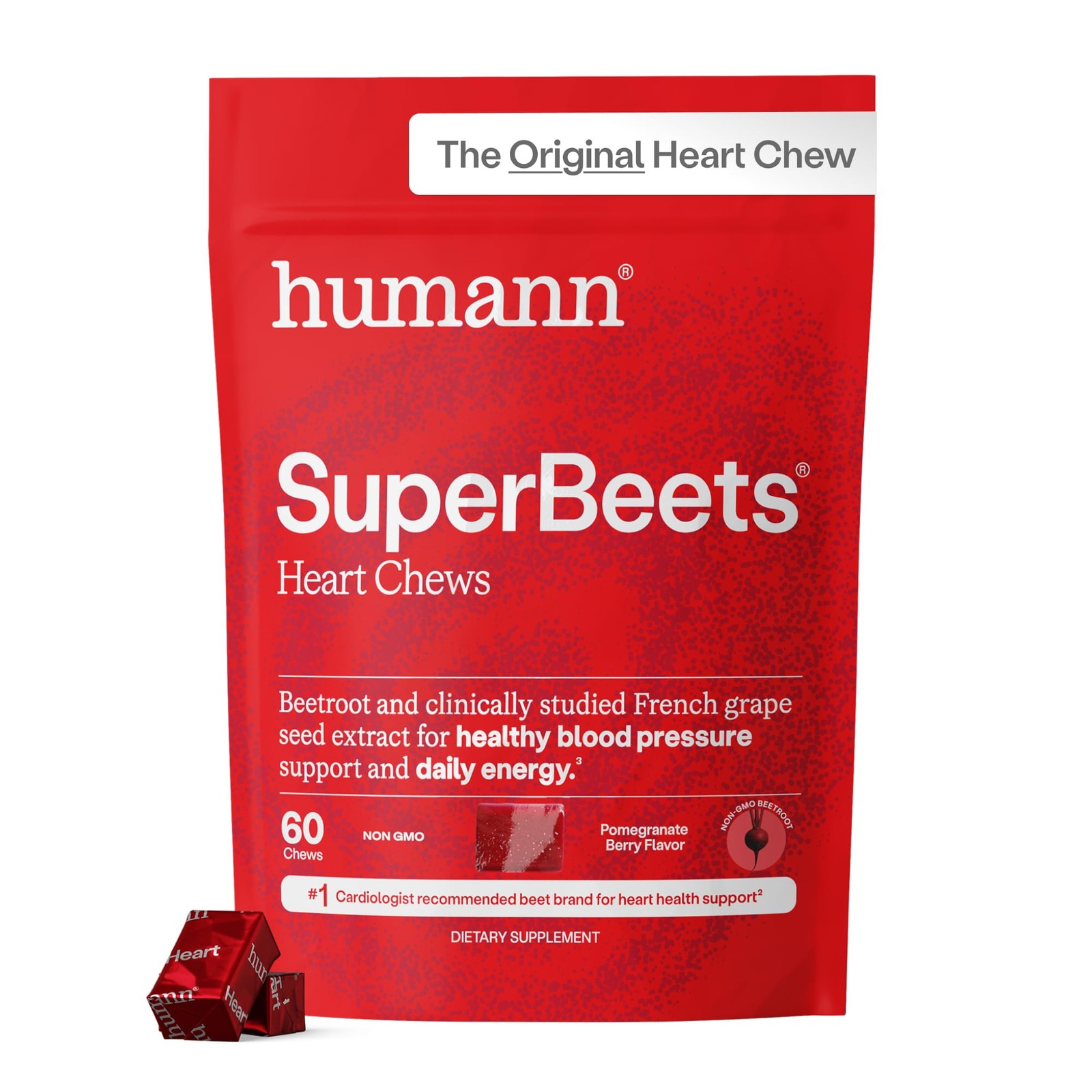 SuperBeets Heart Chews 60 Count Non-gmo Grape Seed Extract Pomegranate Flavor