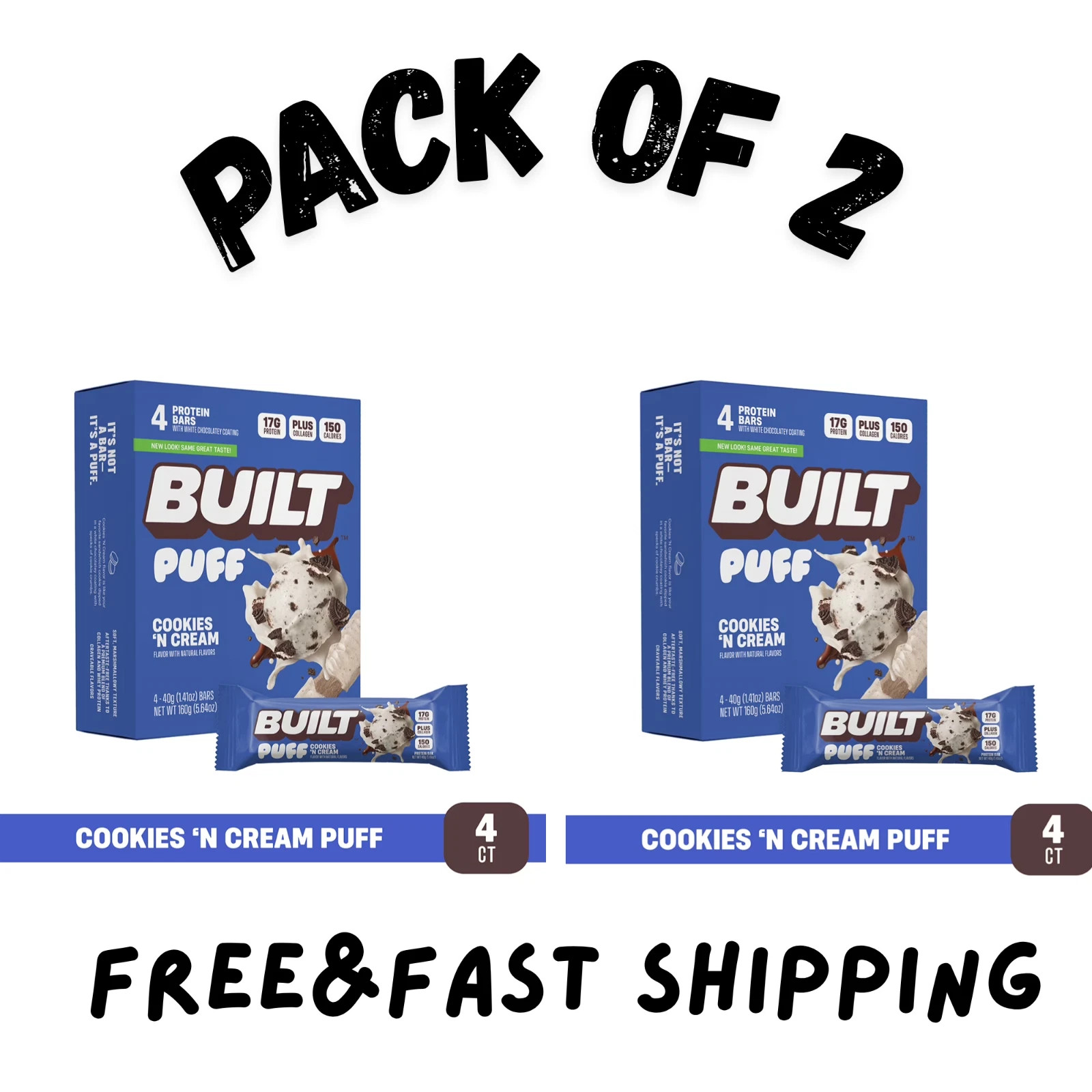 (2 PK)BUILT Puff Protein Bar,Cookies N’ Cream, 17g Protein,Collagen,150 Calories