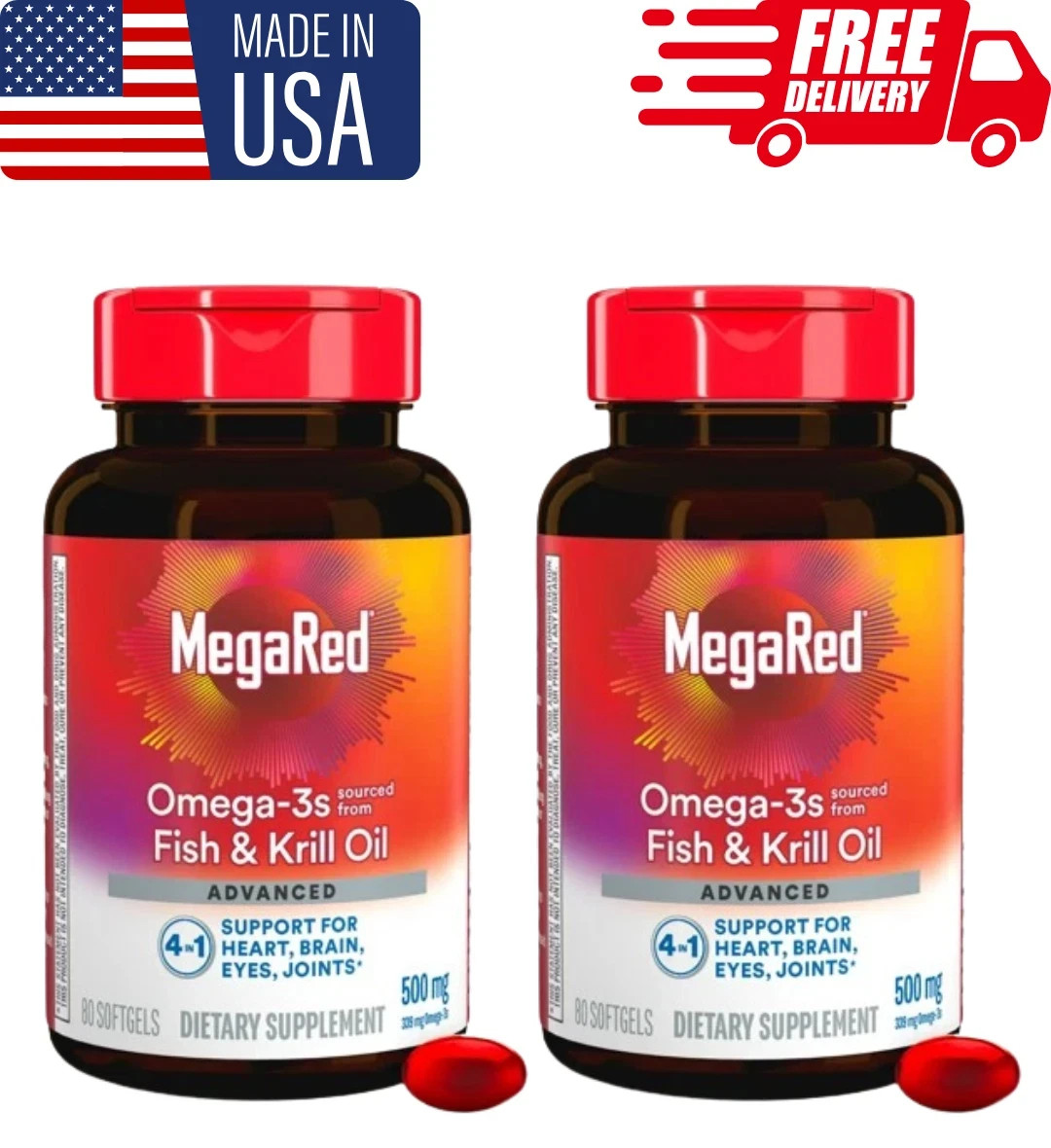 pack of 2 MegaRed Advanced Omega-3 500mg – 80 Softgels – Heart & Joint Support