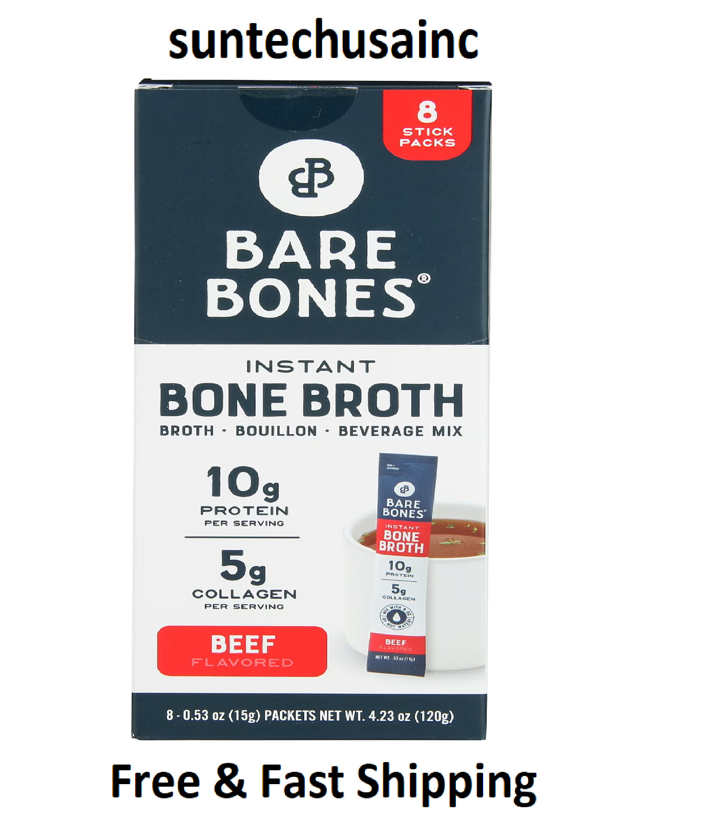 Bare Bones Instant beef bone broth Sticks, 10G Protein, 4.23 oz, 8 Count Total