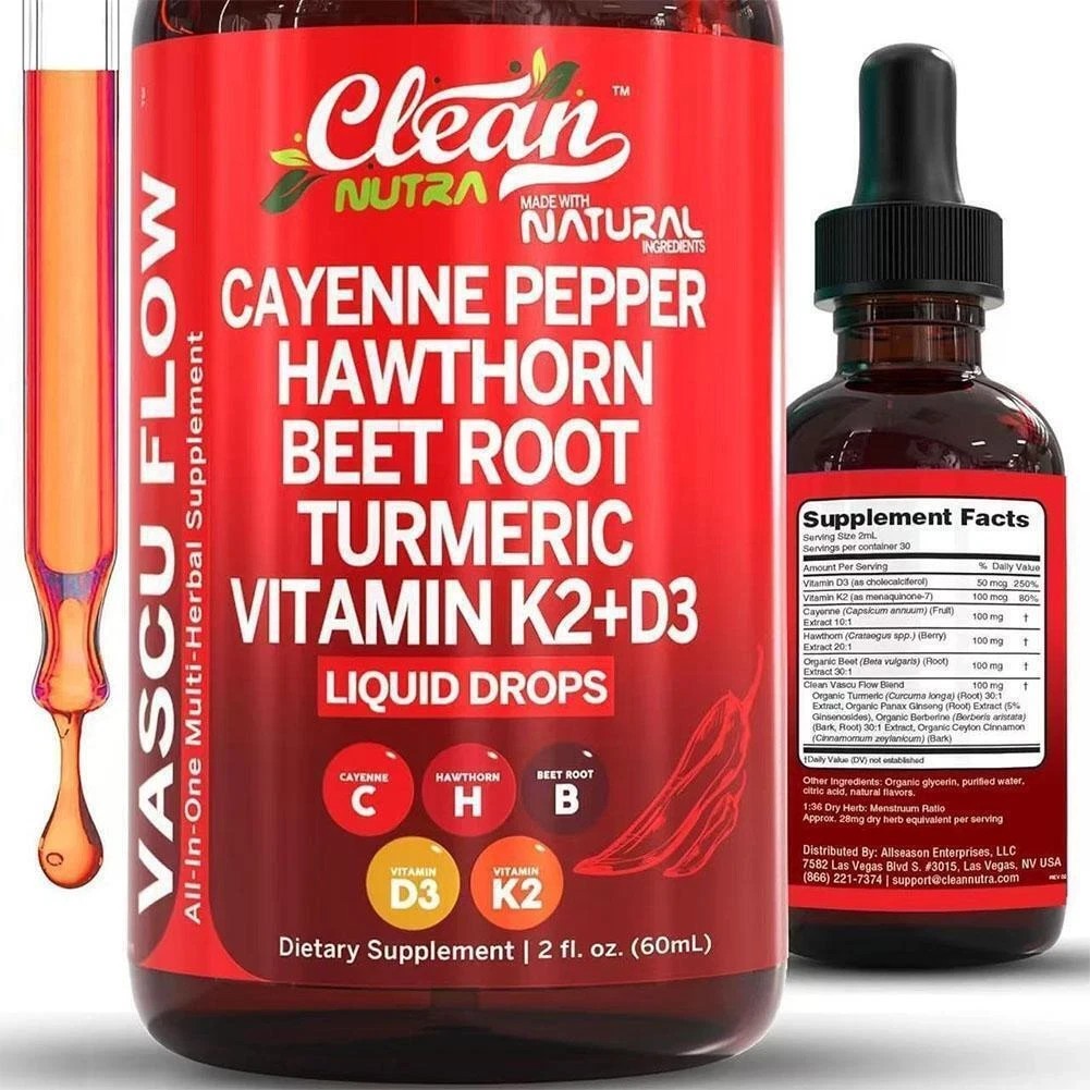 Cayenne Pepper Hawthorn Beet Root Turmeric Vitamin K2+D3 Liquid Drops 60ML-3pc