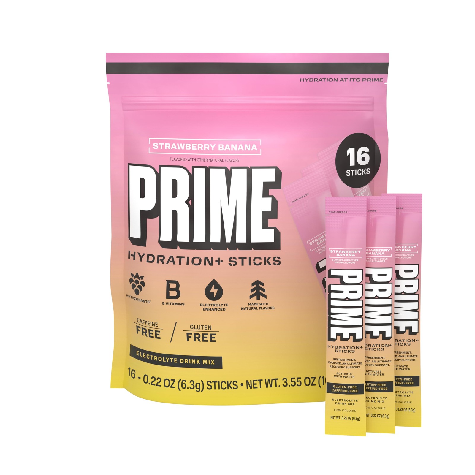PRIME HYDRATION+ Electrolyte Powder Sticks, Strawberry 16 Count, 16 Sticks