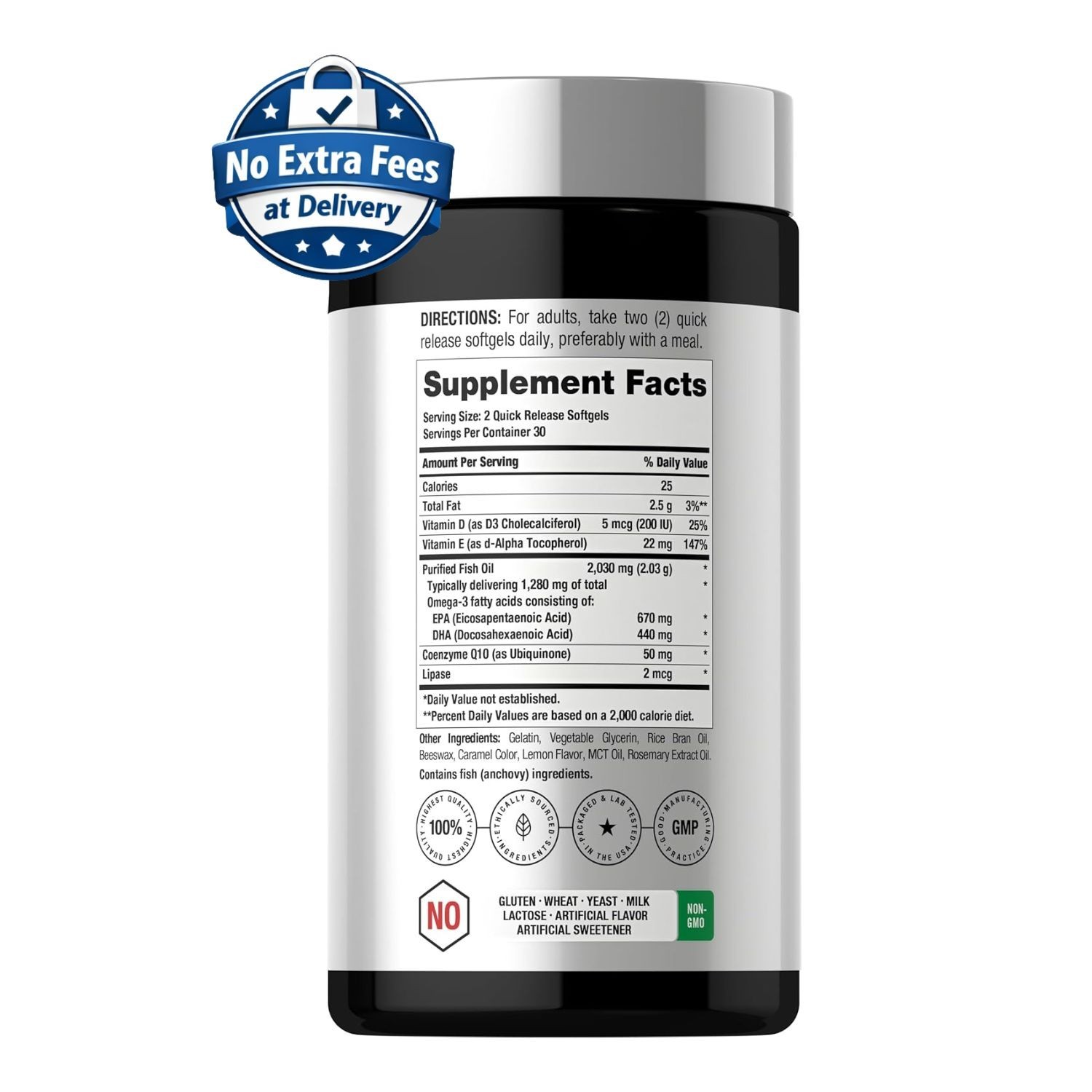 Omega + CoQ-10 | 2030mg Fish Oil & 1280mg Omega-3s | 60 Softgels, Non-GMO