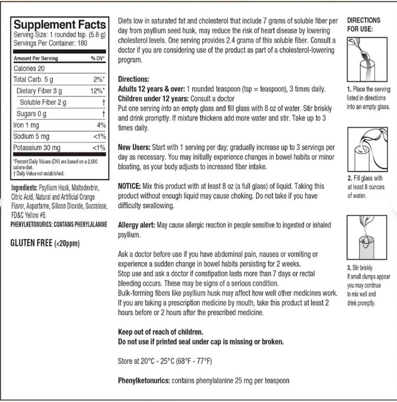 Kirkland Signature Psyllium Fiber Sugar Free Powder Orange 2×180 Dose EXP 02/28