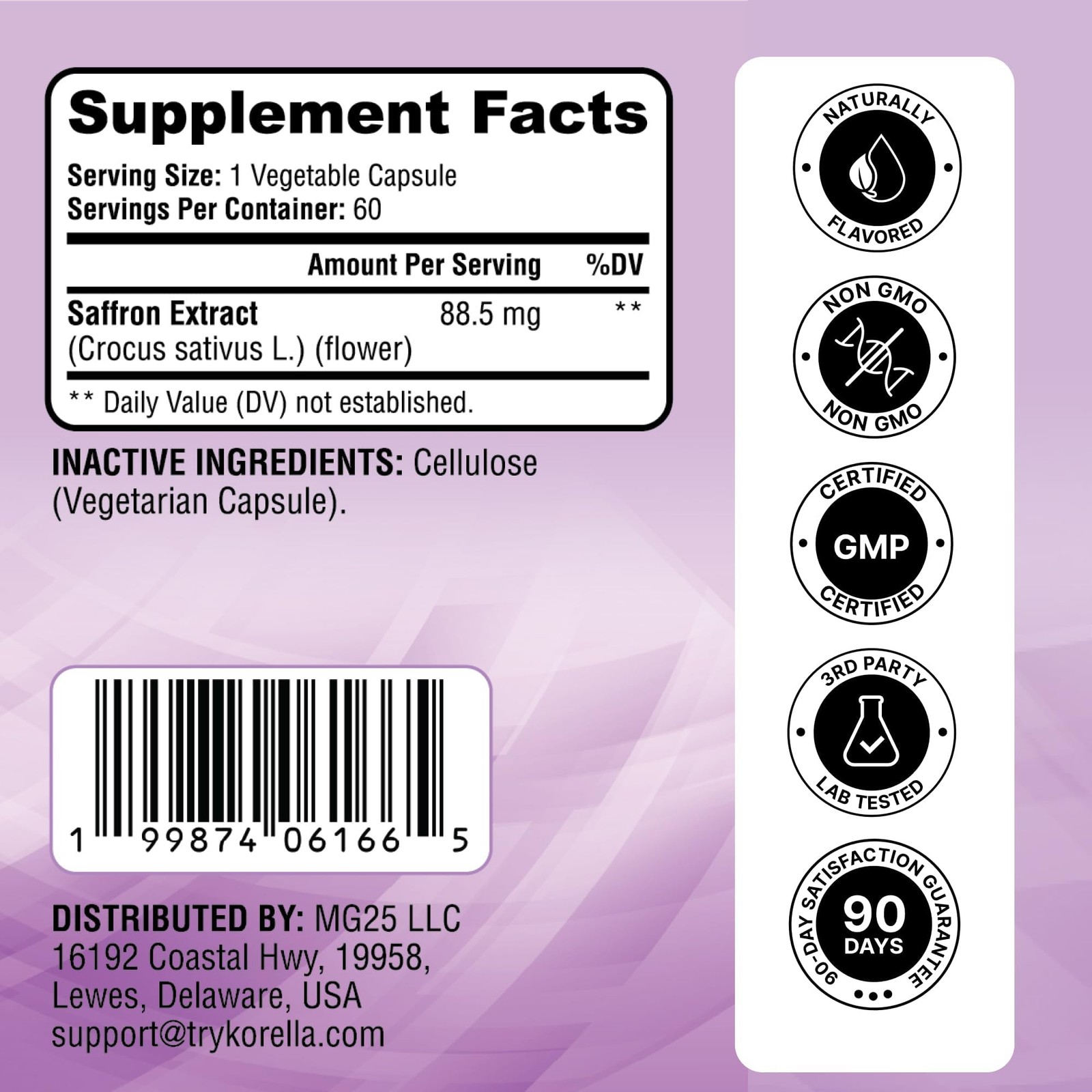 KORELLA Saffron Supplement 88.5 mg Pure Saffron Extract Capsules 60 Count