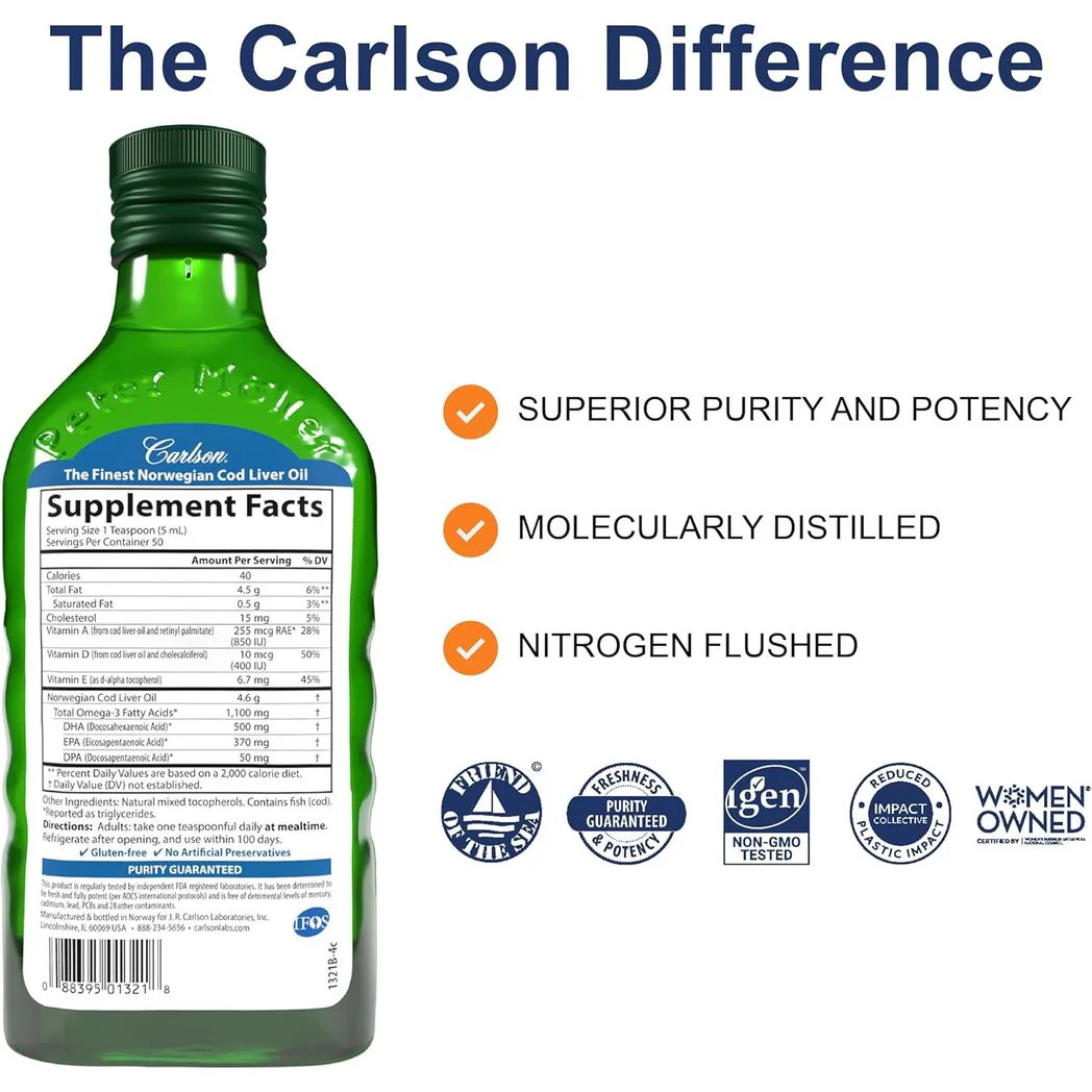 Carlson Cod Liver Oil 1100 mg Omega-3s Wild Caught Omega 3 Unflavored 8.4 Fl Oz