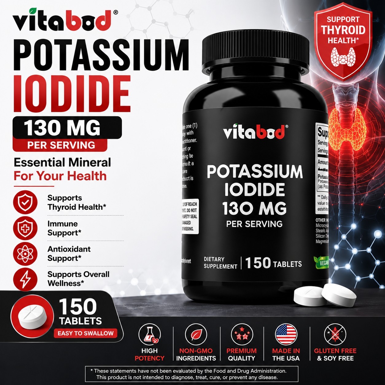 Potassium + Iodide Pills Tablets☆130 mg Supplement ☆ Survival Kit Fallout