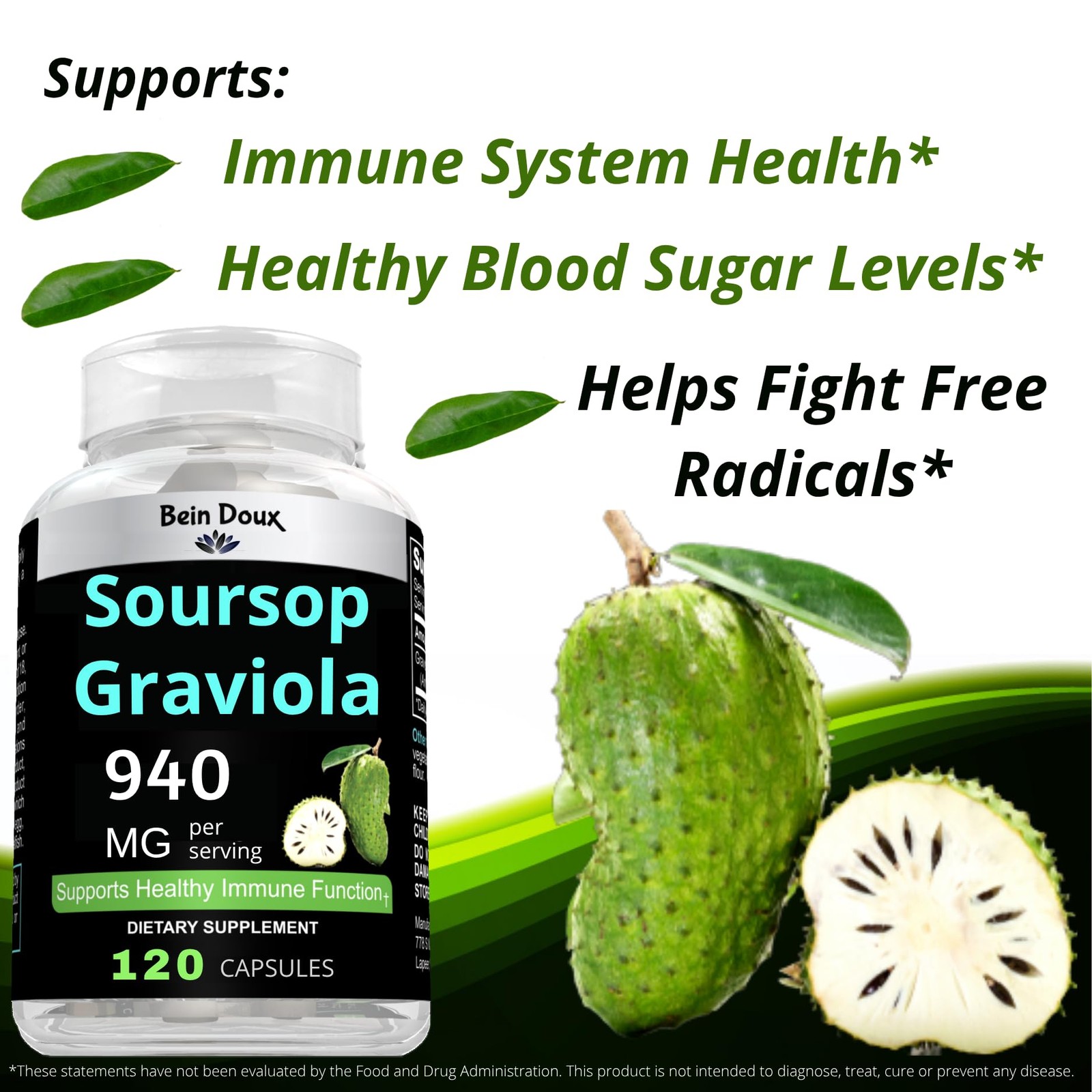 940mg Soursop Graviola Capsules (Guanábana) Leaves Powder Rich in Potent Anti…