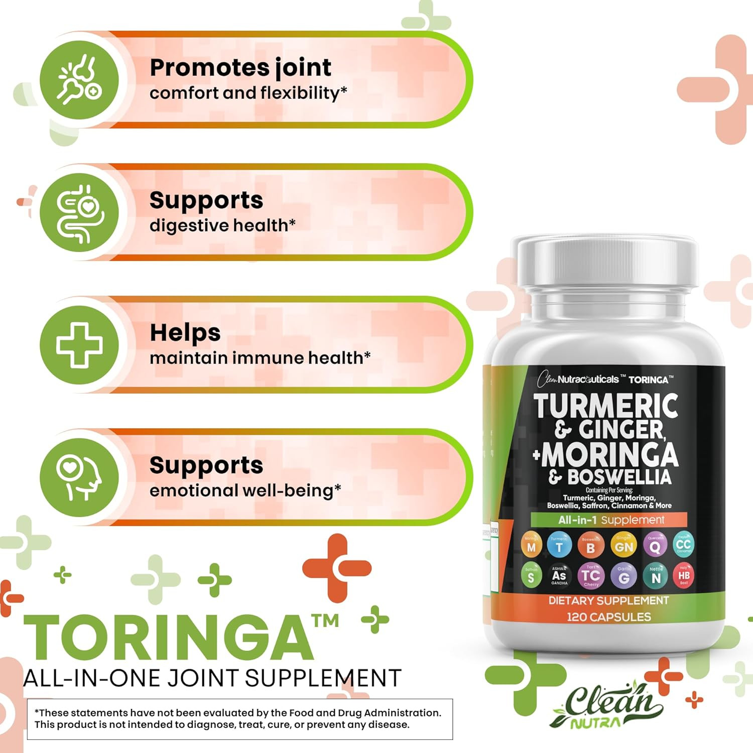Clean Nutraceuticals Turmeric Moringa Ginger Boswellia Saffron Cinnamon 1Pk