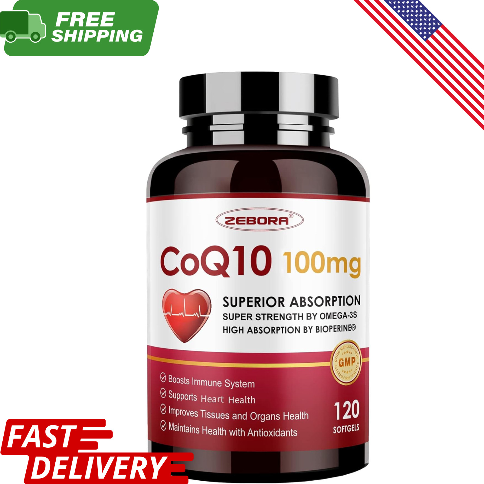 CoQ10 100mg PQQ BioPerine Omega-3 120 Softgels Heart Energy Antioxidant Non-GMO