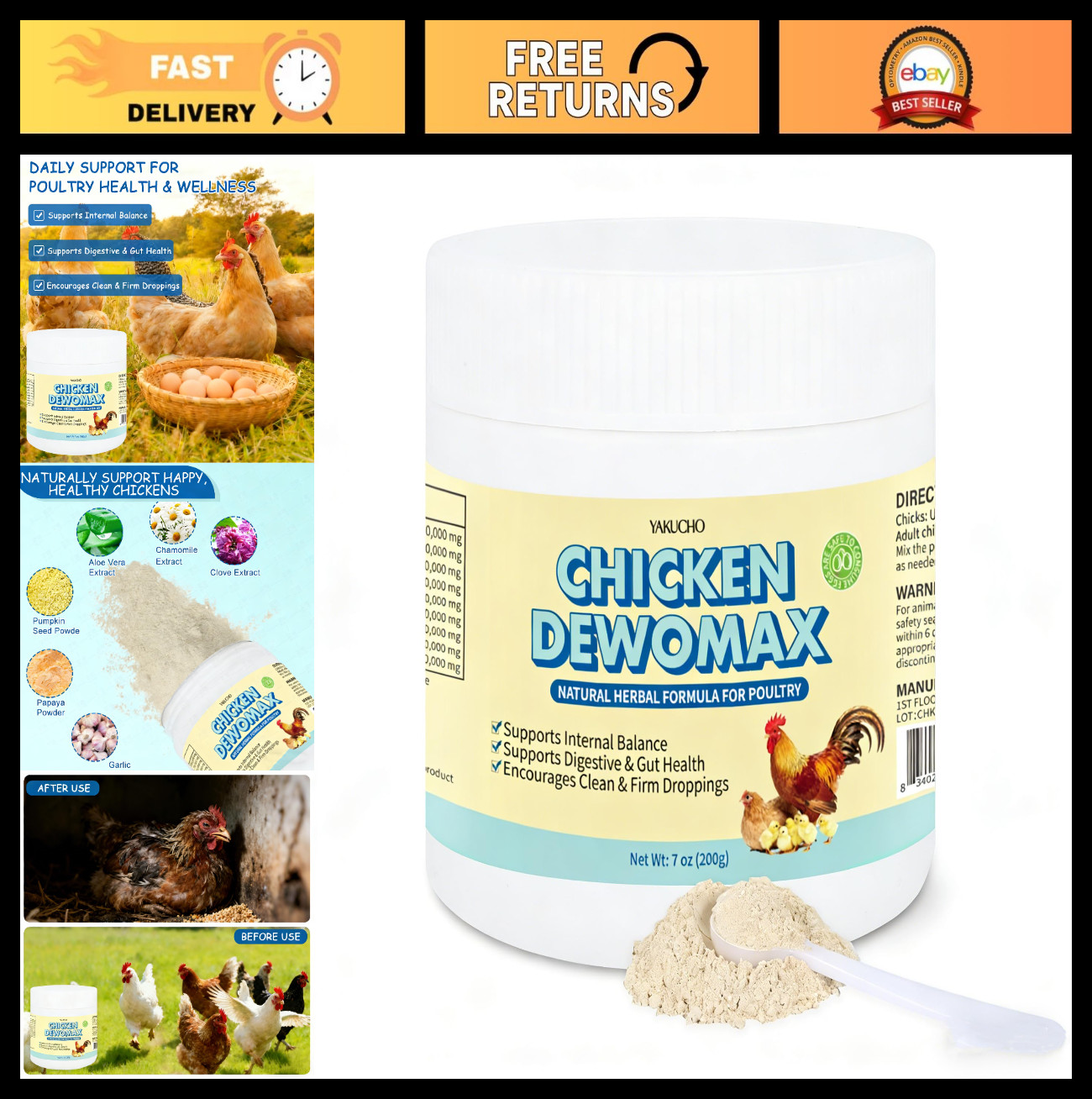 Natural Digestive Support Powder for Chickens & Hens – Gut Balance Formula 7 OZ