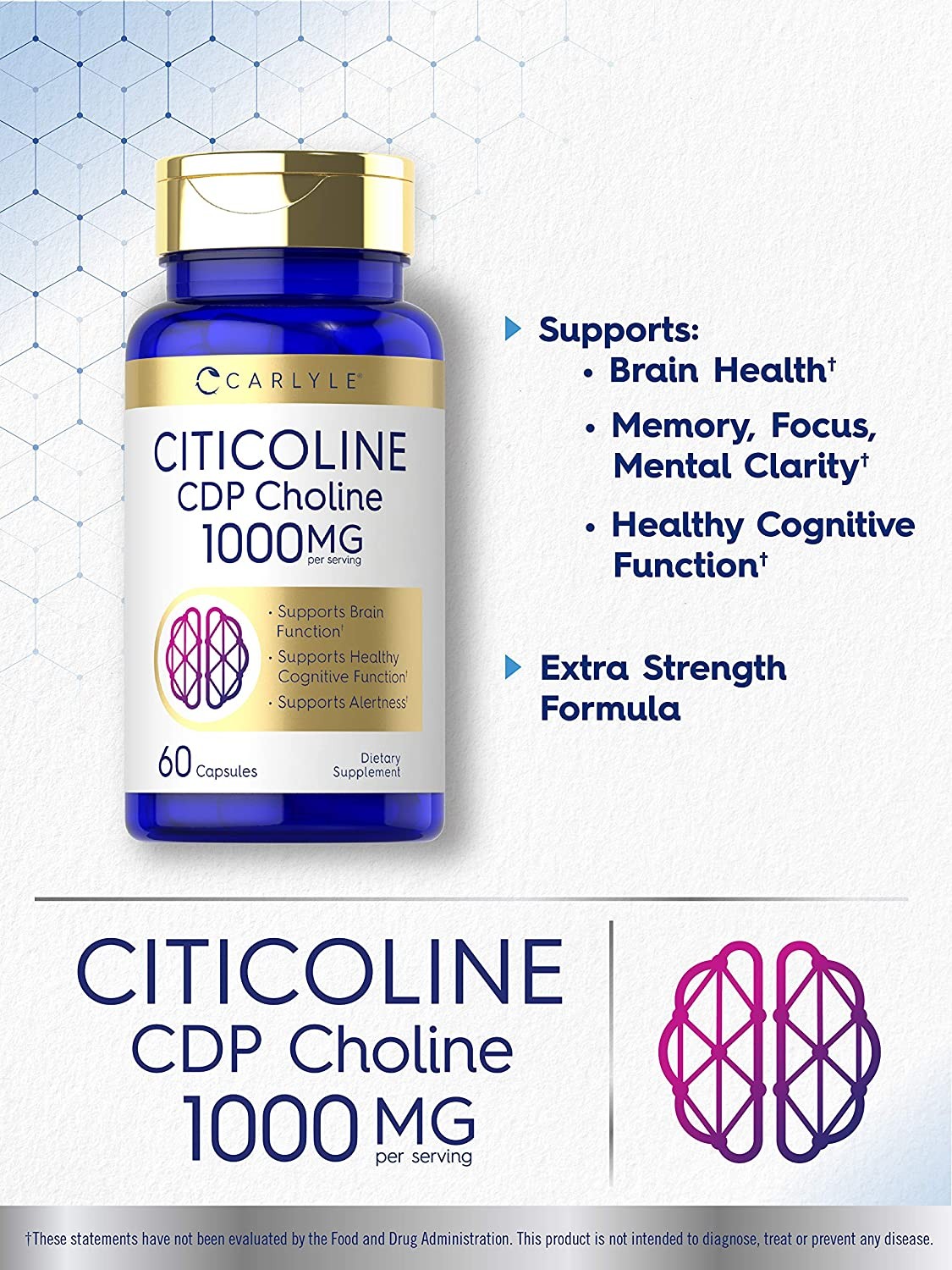 Citicoline CDP Choline | 1000mg | 60 Capsules | Highest Potency | by Carlyle