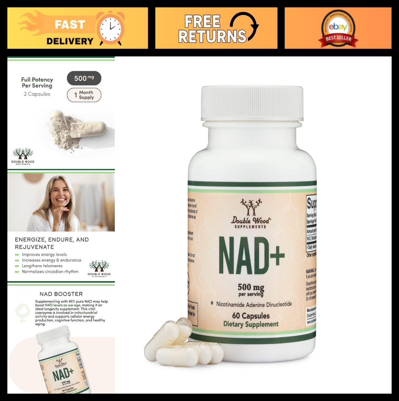 NAD+ Anti-Aging Supplement | 500mg Pure NAD Plus | 30-Day Supply | Vegan, Non-GM