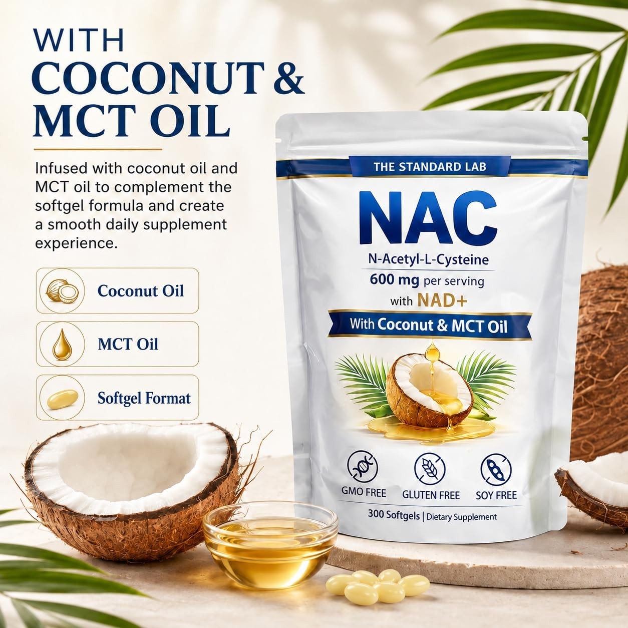 NAC 600mg with NAD+ Daily Complex, 300 Softgels – GMO Free, Gluten Free, Soy Fre