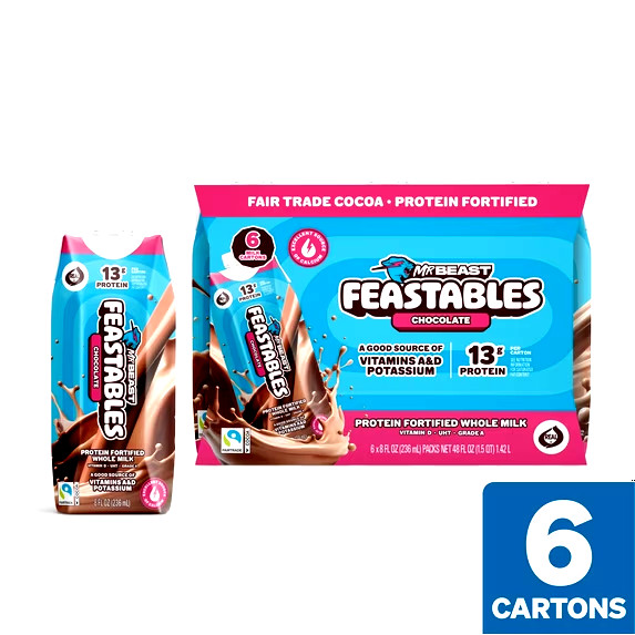 Feastables Protein Fortified Chocolate Milk, Shelf-Stable, 8 fl oz, 6 Pack