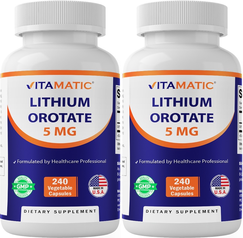 Vitamatic Lithium Orotate 5mg, 240 Veggie Capsules, Non-GMO, Gluten Free- 2 Pack