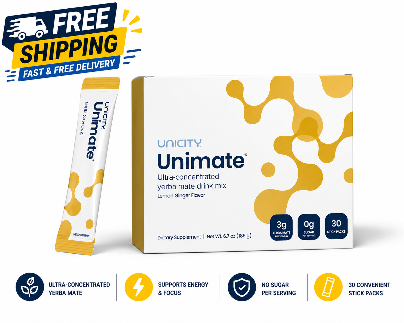Unicity Unimate Lemon Ginger Yerba Mate Drink Mix 30 Stick Packs New Sealed