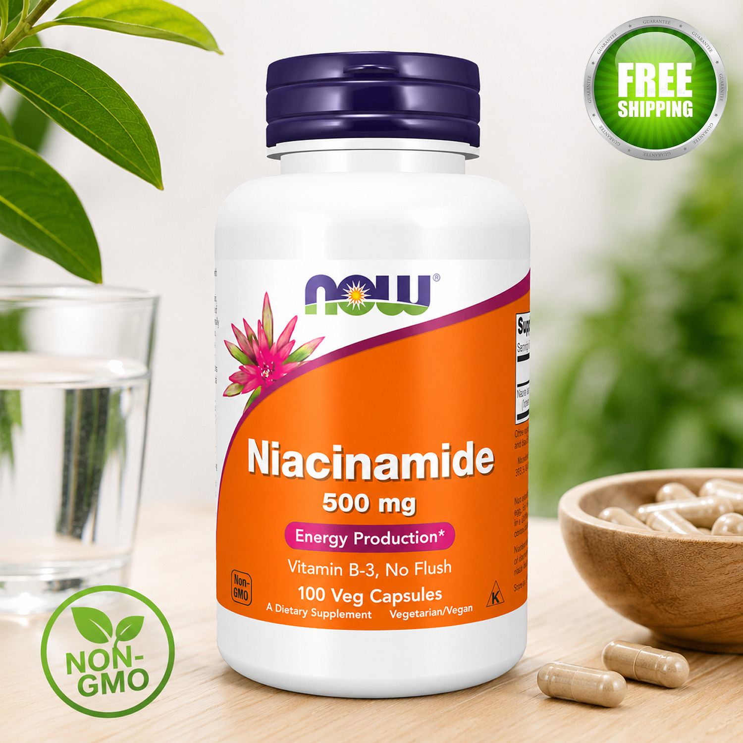 NOW Niacinamide 500mg 100 Veg Capsules Vitamin B-3 No Flush Non-GMO Vegan