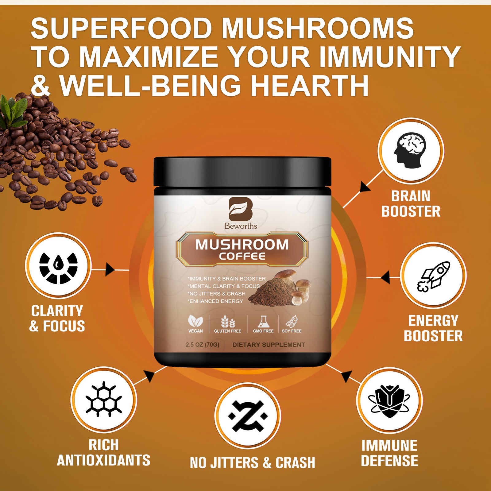 70g Mushroom Coffee Powder Lions Mane Reishi Immunity & Brain Booster