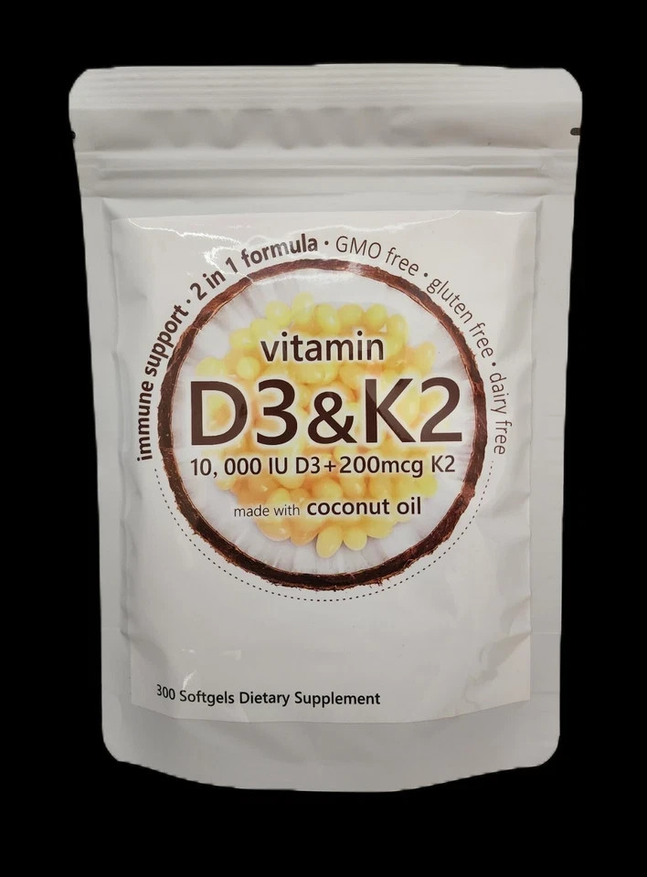 Vitamin D3 10000 iu Plus K2 MK-7 200 mcg 300 Virgin Coconut Oil Softge LOT NEW