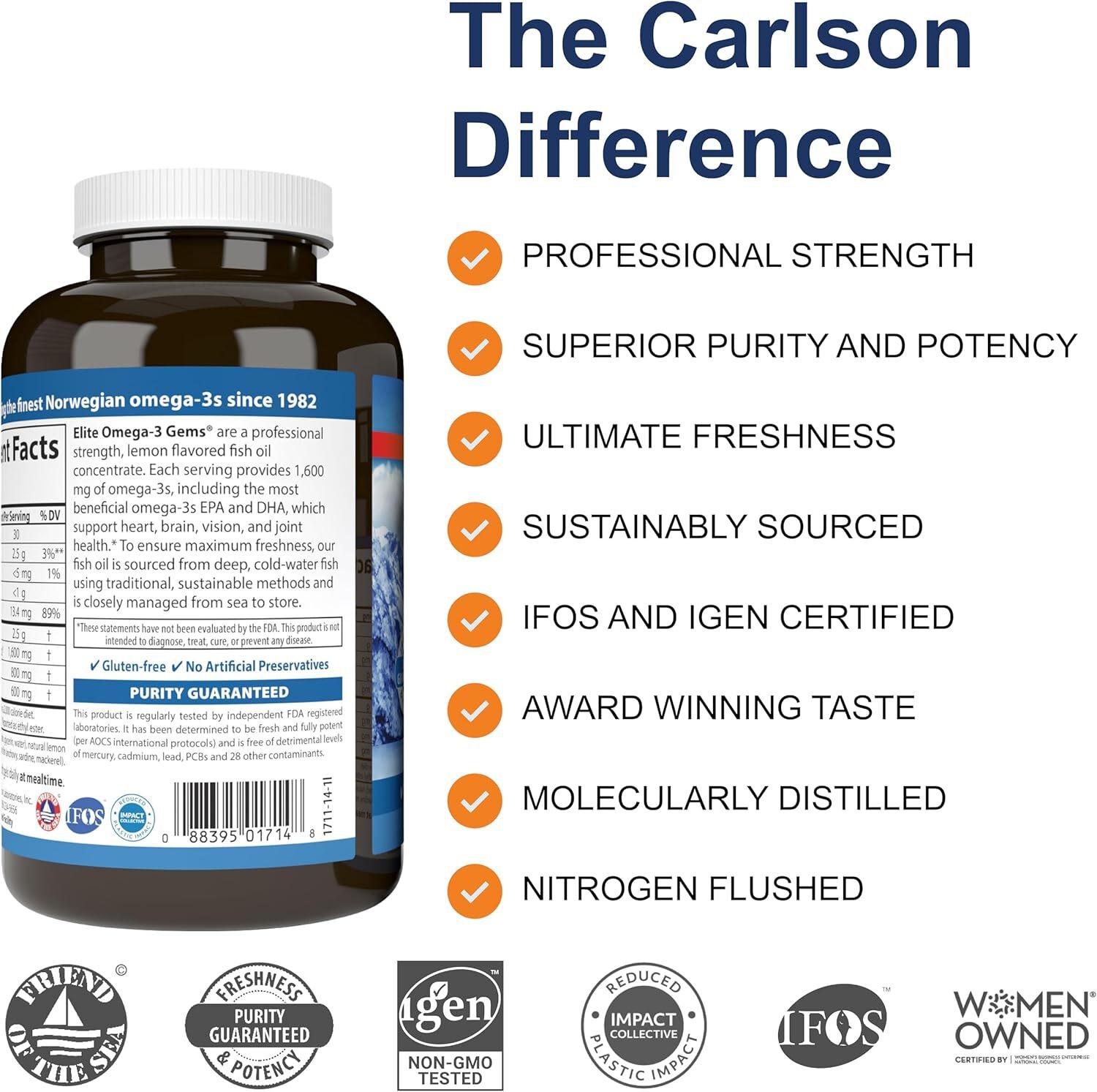 Carlson – Elite Omega-3 Gems, 1600 mg Omega-3 EPA and DHA, Lemon, 90+30 Softgels