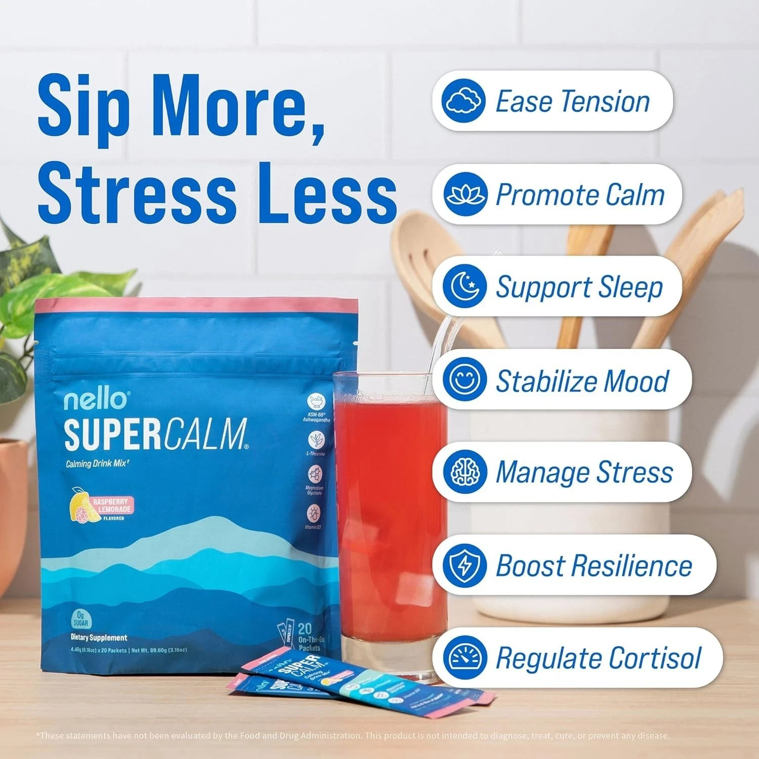 NEW Nello Supercalm – Calming Drink Mix with KSM-66 Ashwagandha, Vitamin D3