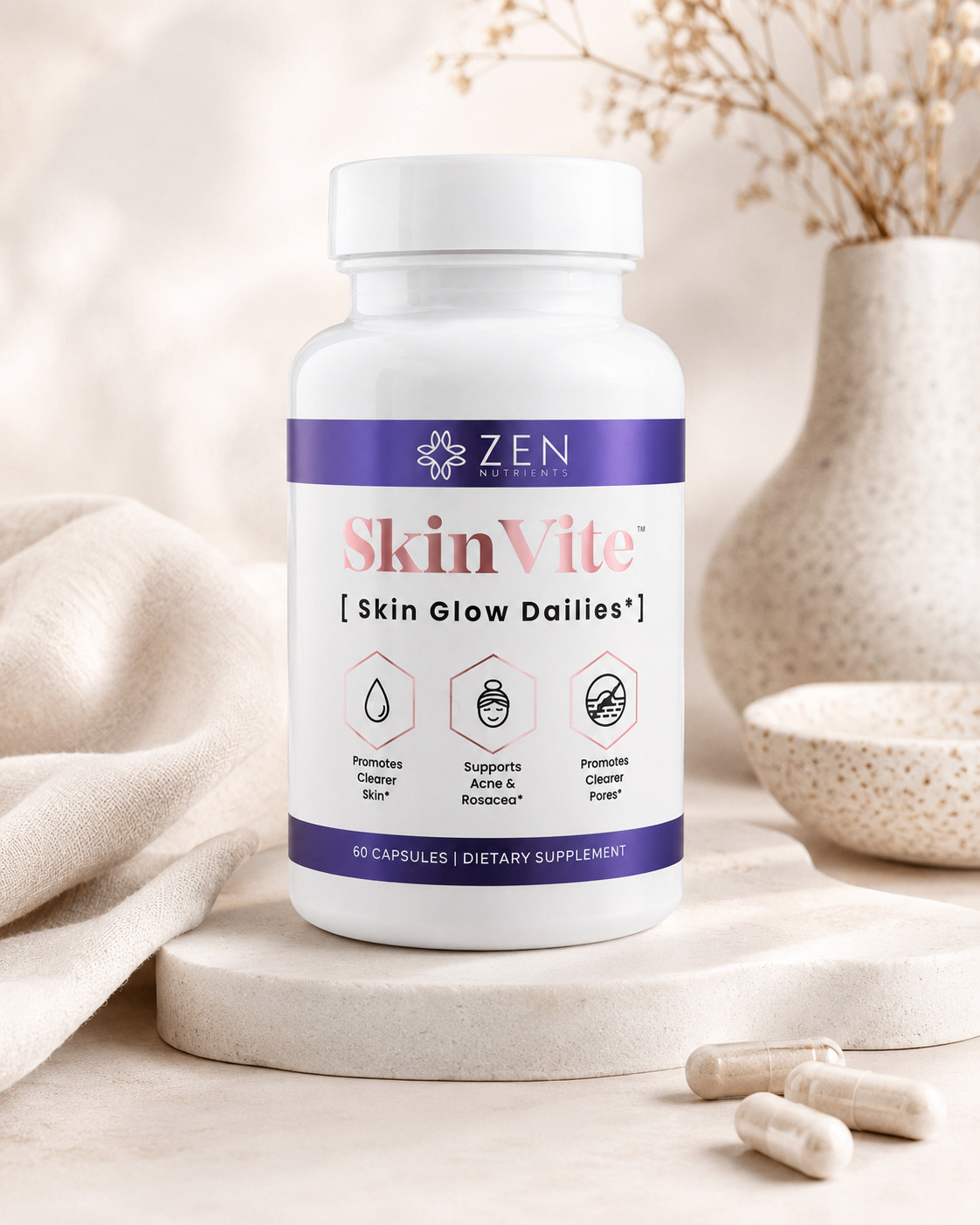 Zen Nutrients SkinVite Skin Glow Dailies Acne Rosacea Clear Skin 60 Capsules
