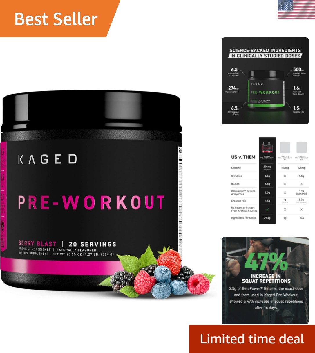 Powerful Pre Workout Formula with Creatine & Organic Caffeine – 20 Servings