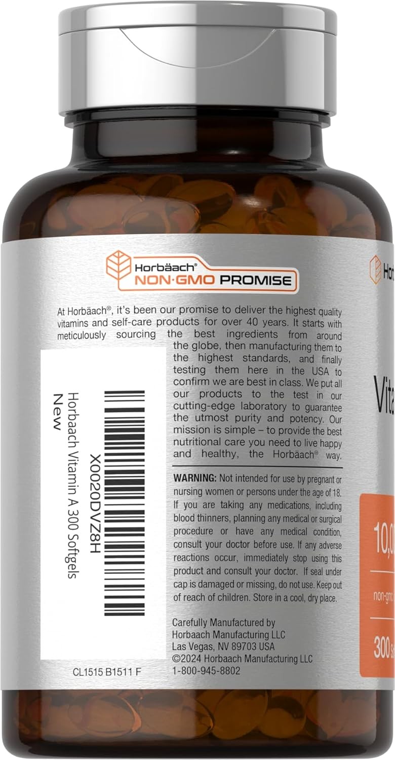 Vitamin A 10000 IU | 300 Softgels | Premium Non-GMO, Gluten Free | by Horbaach