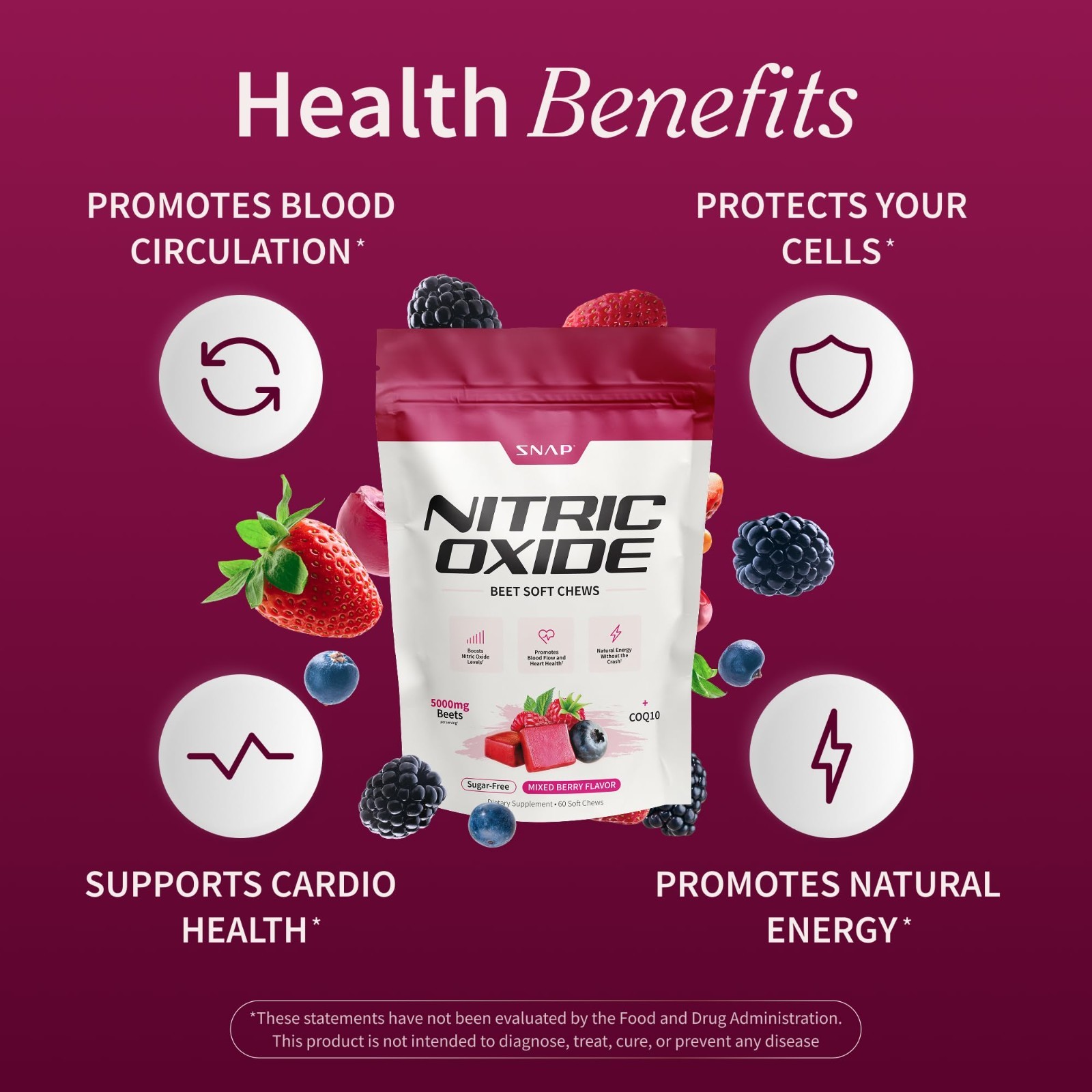 Beet Root Nitric Oxide Supplements for Energy & Heart Health – 60 Soft Chews
