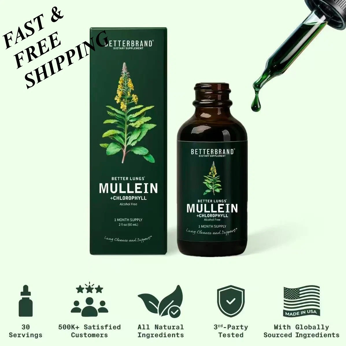2 BOTTLES-Mullein Leaf&Chlorophyll Drops for Lung Detox&Mucus Cleanse-30Servings