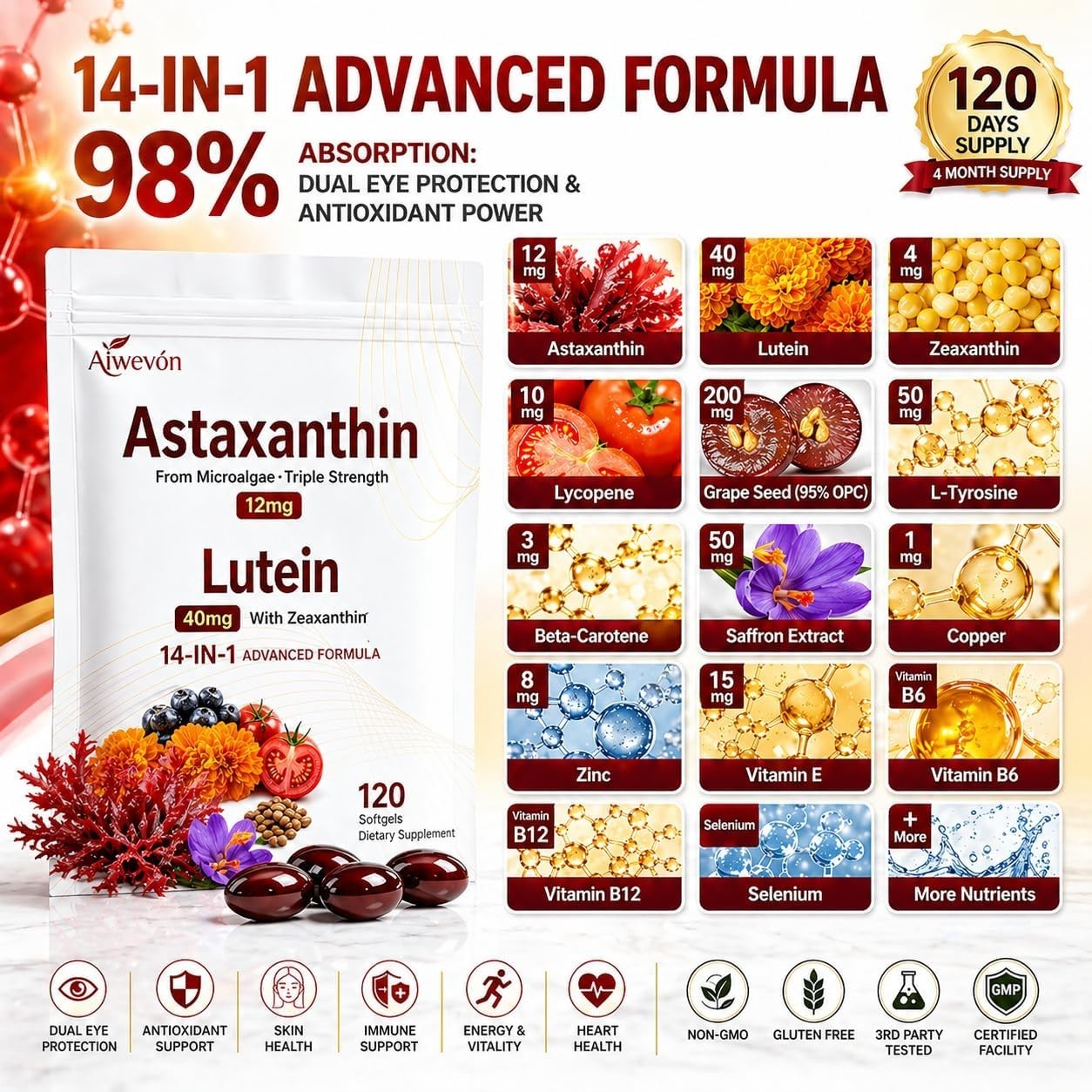 14-in-1 Astaxanthin 24mg & Lutein 40mg with Zeaxanthin Supplements