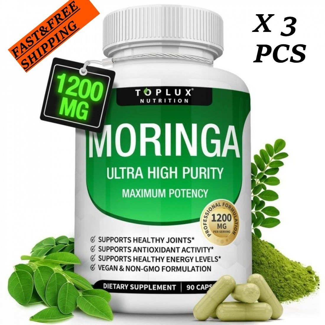 TOPLUX Moringa Capsules 1200mg Pure Moringa Powder Immune Gut health 90Capsules