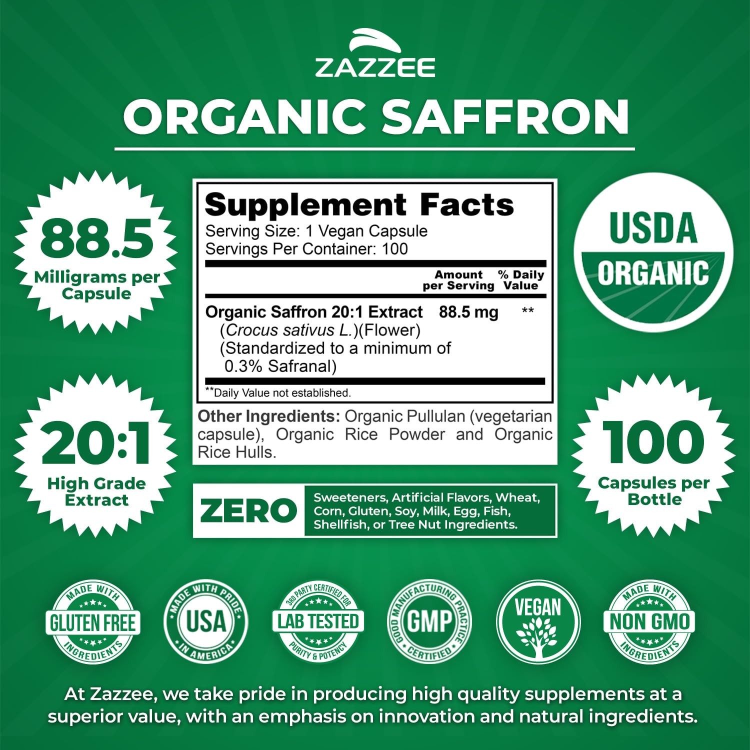 USDA Organic Saffron 20:1 Extract, 88.5 mg, 0.3% Safranal, 100 Vegan Capsules…