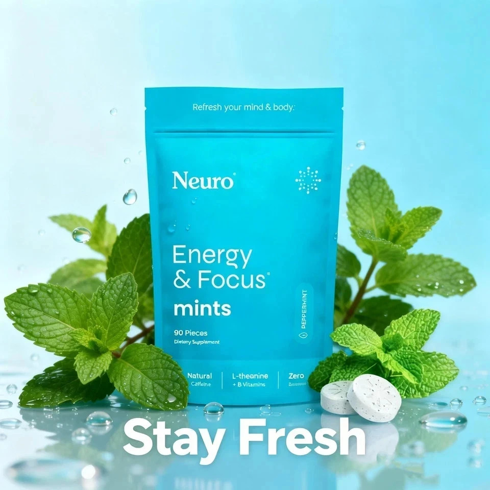 Neuro Energy & Focus mints Energy Supplement with L-Theanine & VB 90ct