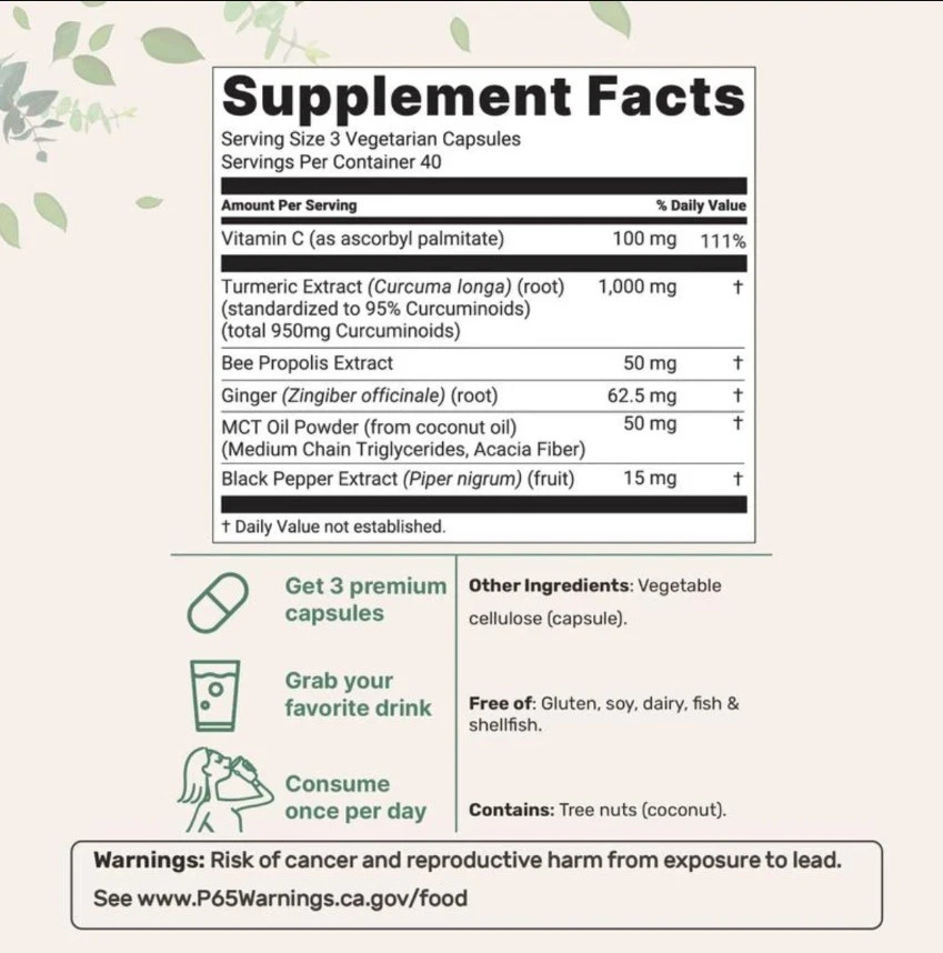 Turmeric Curcumin Supplement 1000mg 95% Curcuminoids Black Pepper/MCT/Bee Prop P