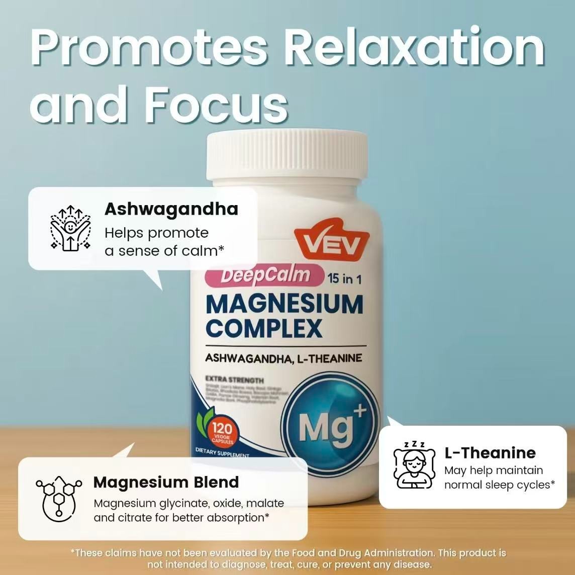 1-3 Pack VEV DeepCalm 15 in 1 Magnesium Glycinate & Citrate Complex 120 Capsules