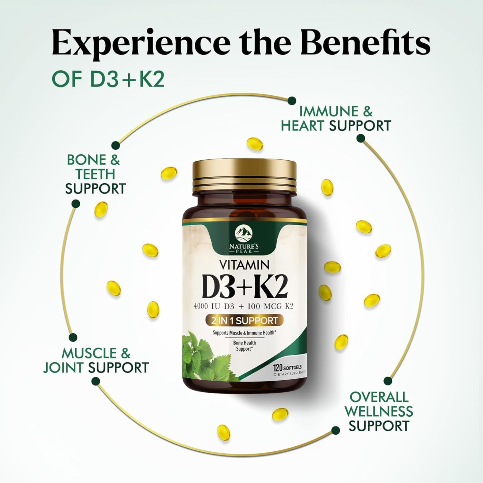 Vitamin D3 K2 4000IU 120 Softgels MK7 Olive Oil Bone Immune Heart Gluten Free
