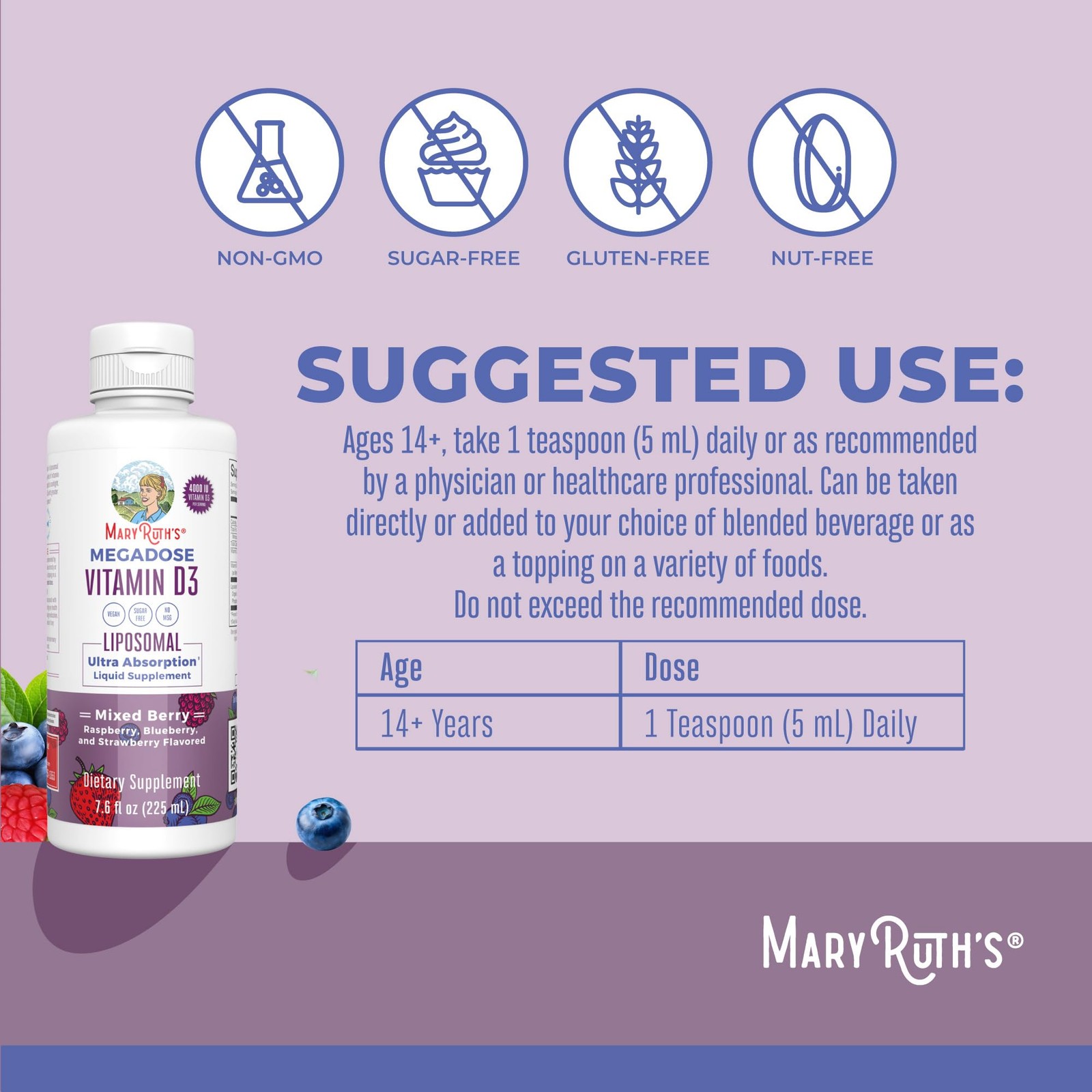 MARYRUTH’S Megadose Vitamin D3 Liposomal 7.6 Fl Oz (Pack of 1)