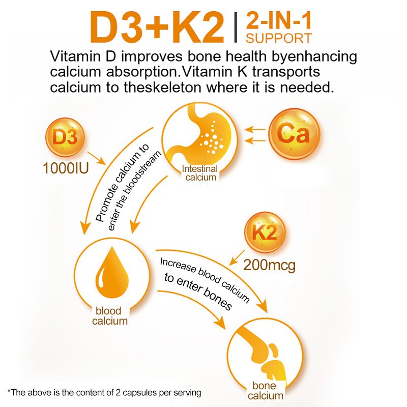 Vitamin D3 K2 Capsules for Bone Strength & Cardiovascular Health 1/2/4 Bottles