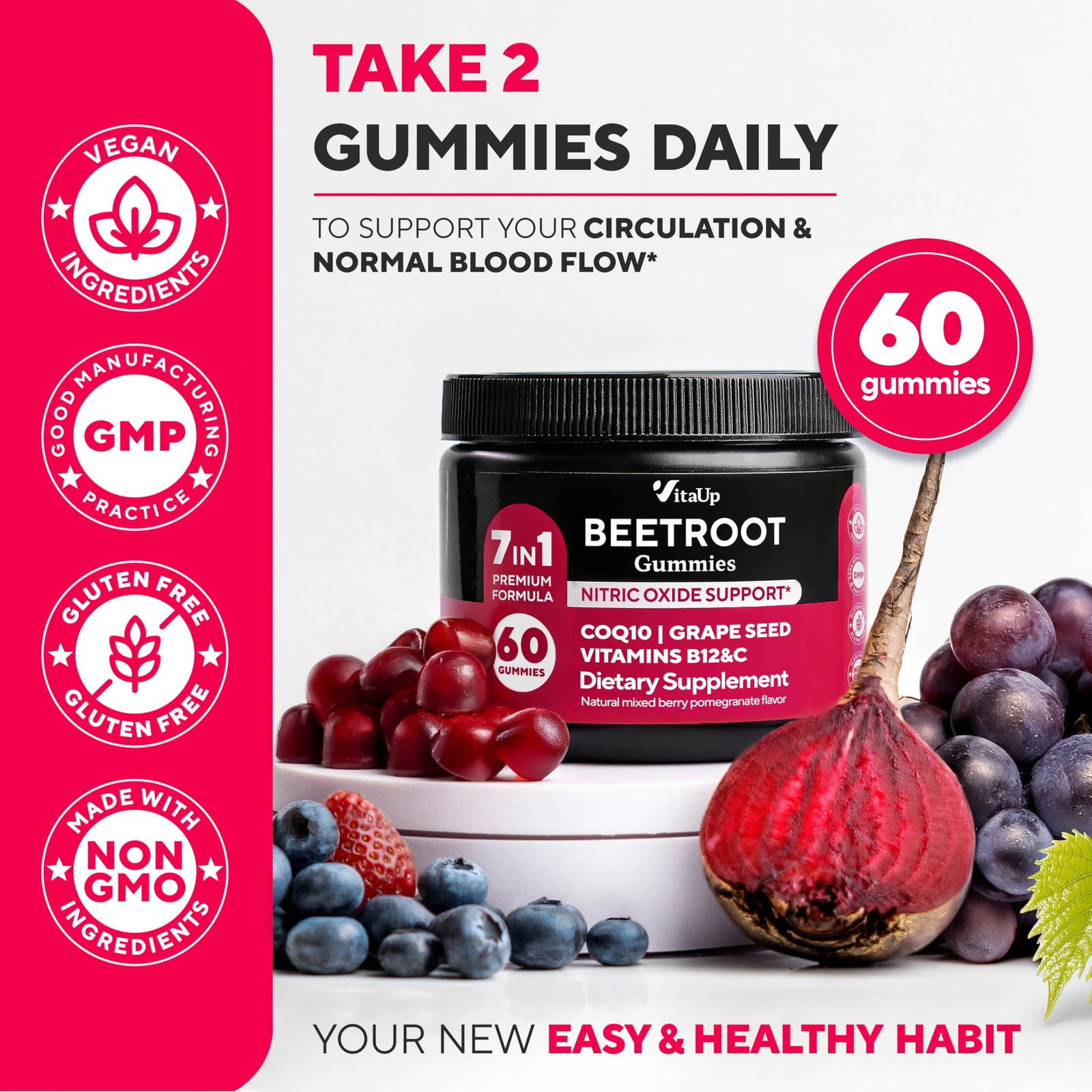 Beet Root Gummies – Beetroot Supplement with CoQ10, Grape Seed, Vitamin C, B1…