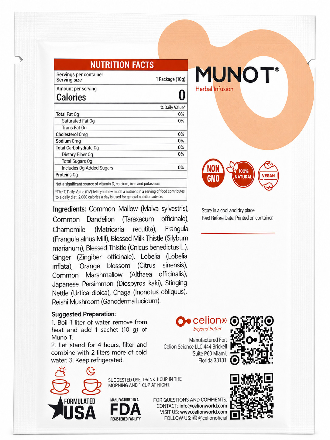 Celion Muno T Herbal Tea 1 Pack Natural Infusion Caffeine Free Tea Bags