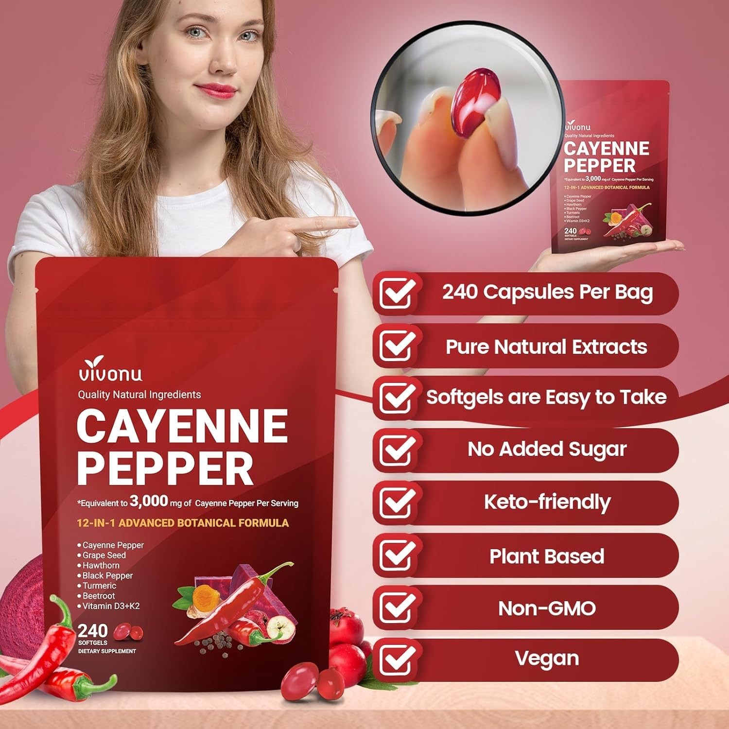 VivoNu Cayenne Pepper Softgels Supplement, Heart and Blood Vessel Wellness