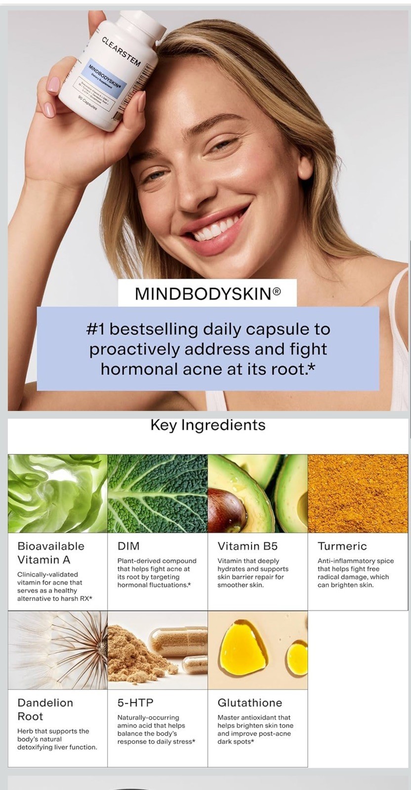 CLEARSTEM -MIND, BODY, SKIN Hormonal Acne Supplement 5-HTP Organic DIM 90 Count.
