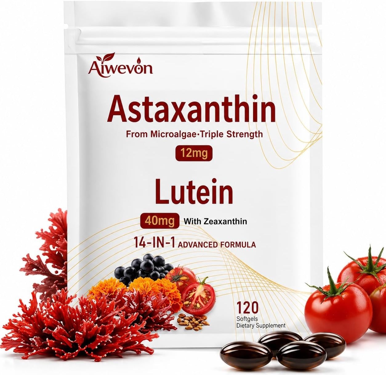 14-in-1 Astaxanthin 12mg with Lutein 40mg & Zeaxanthin Softgels, Eye Support & A