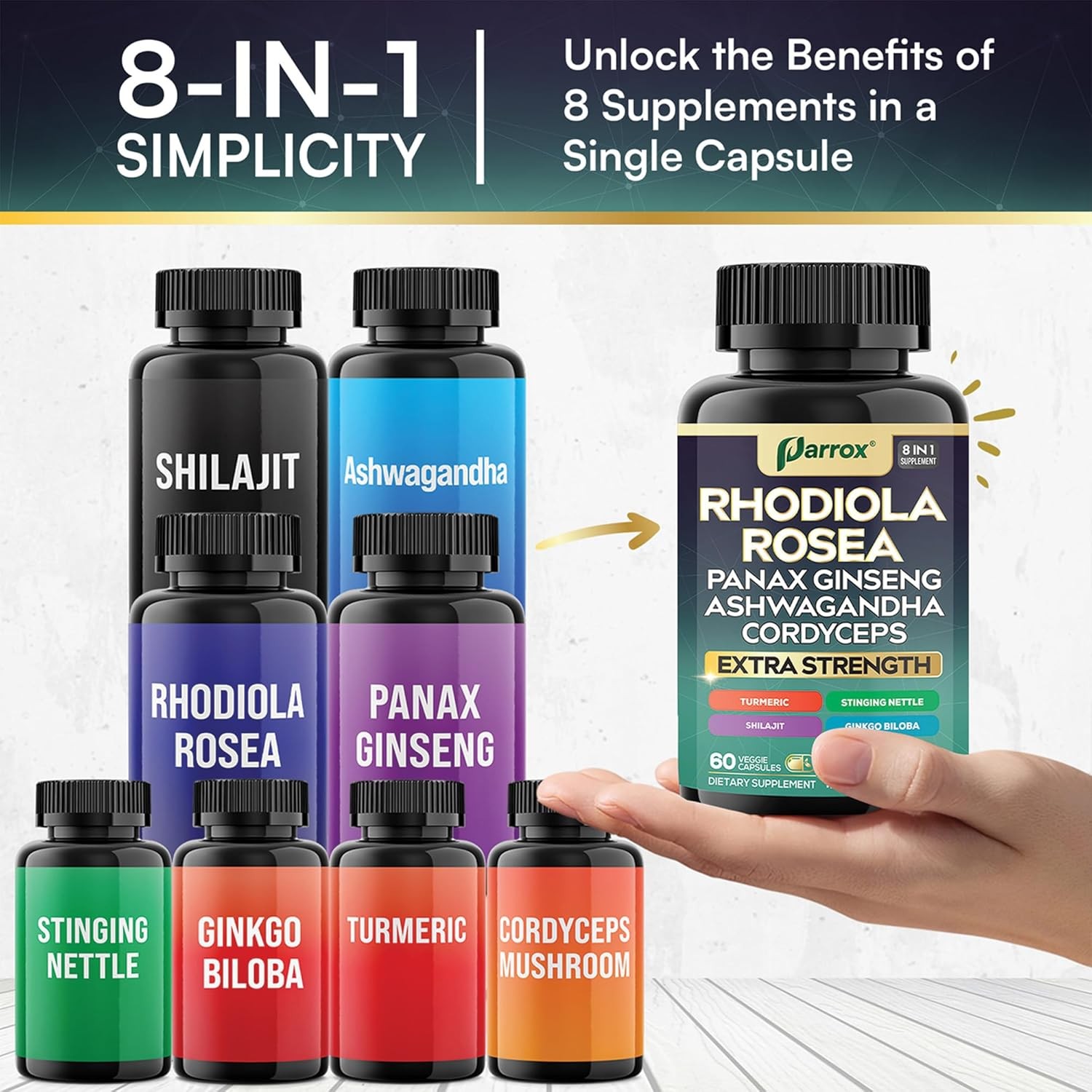 Adaptogen Blend With Rhodiola Ginseng Ashwagandha Mushroom 60 Caps