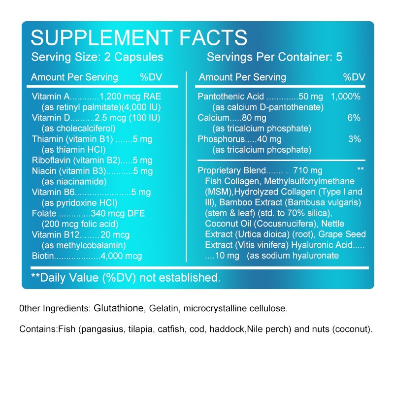 Multi Collagen Capsules Types I,II,III,V,X with Glutathione for Skin,Hair,Nails