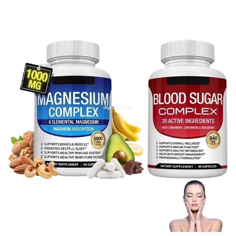 1~2pack Magnesium 8 in 1 Complex 1000mg & Blood Sugar Blend Supplement Combo