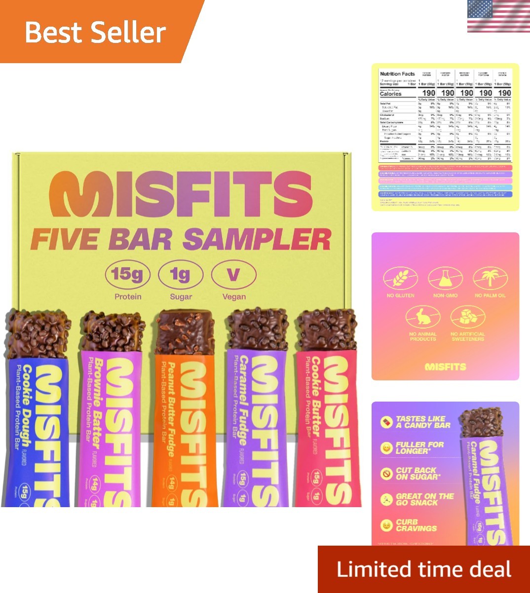 Plant-Based Protein Bar Variety Pack – 14-15g Protein, 1g Sugar, 5 Tasty Options