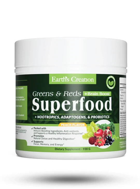 Earth’s Creation Greens & Reds SuperFood + Brain Boost Peach Flavor